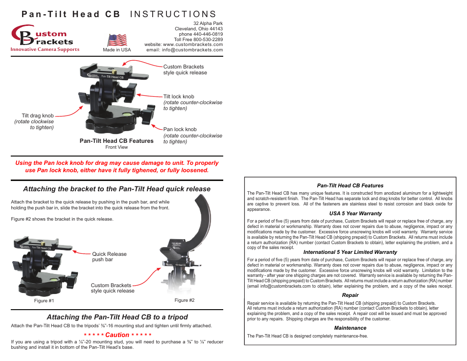 Custom Brackets Pan-Tilt Head CB User Manual | 1 page