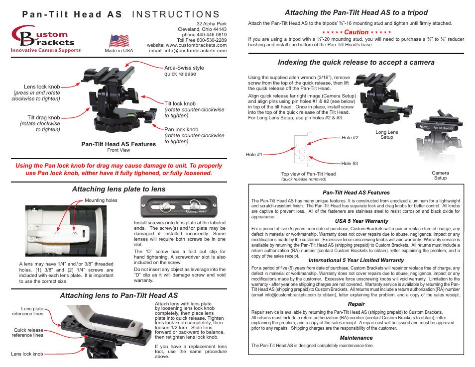 Custom Brackets Pan-Tilt Head AS User Manual | 1 page