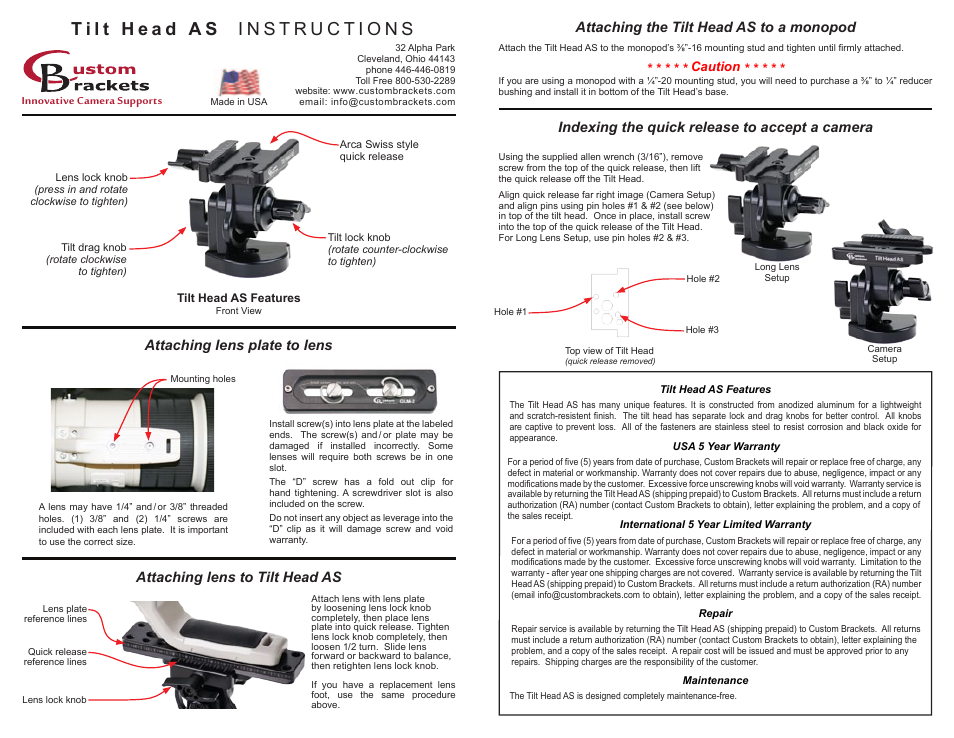 Custom Brackets Tilt Head AS User Manual | 1 page