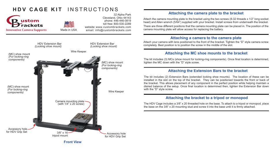 Custom Brackets HDV Cage Kit User Manual | 2 pages