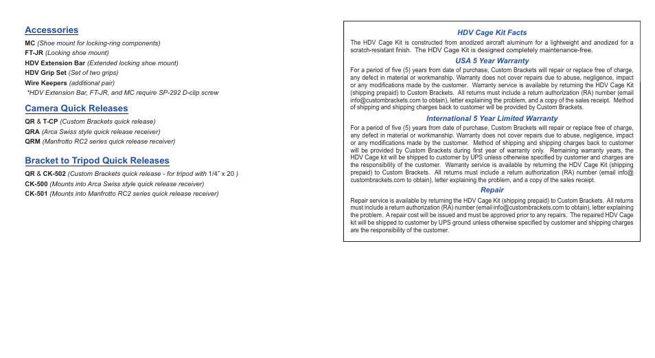 Accessories, Camera quick releases, Bracket to tripod quick releases | Custom Brackets HDV Cage Kit User Manual | Page 2 / 2