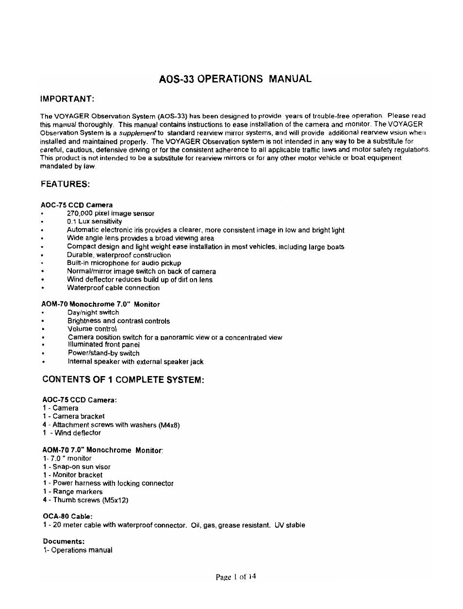 Features, Aoc-75 ccd camera, Aom-70 monochrome 7.0" monitor | Contents of 1 complete system, Aom-70 7.0" monochrome monitor, Oca-80 cable, Documents, Aos-33 operations manual | ASA Electronics AOS-33 User Manual | Page 2 / 15