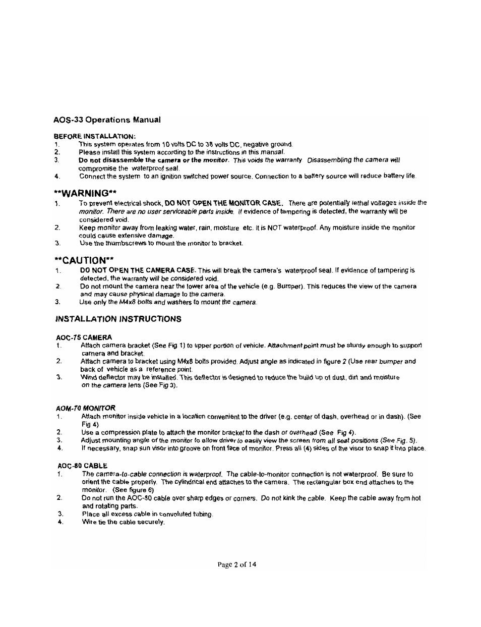Before installation, Warning, Caution | Aoc-rs camera, Aom-ro momtok, Aoc'80 cable | ASA Electronics AOS-33 User Manual | Page 3 / 15