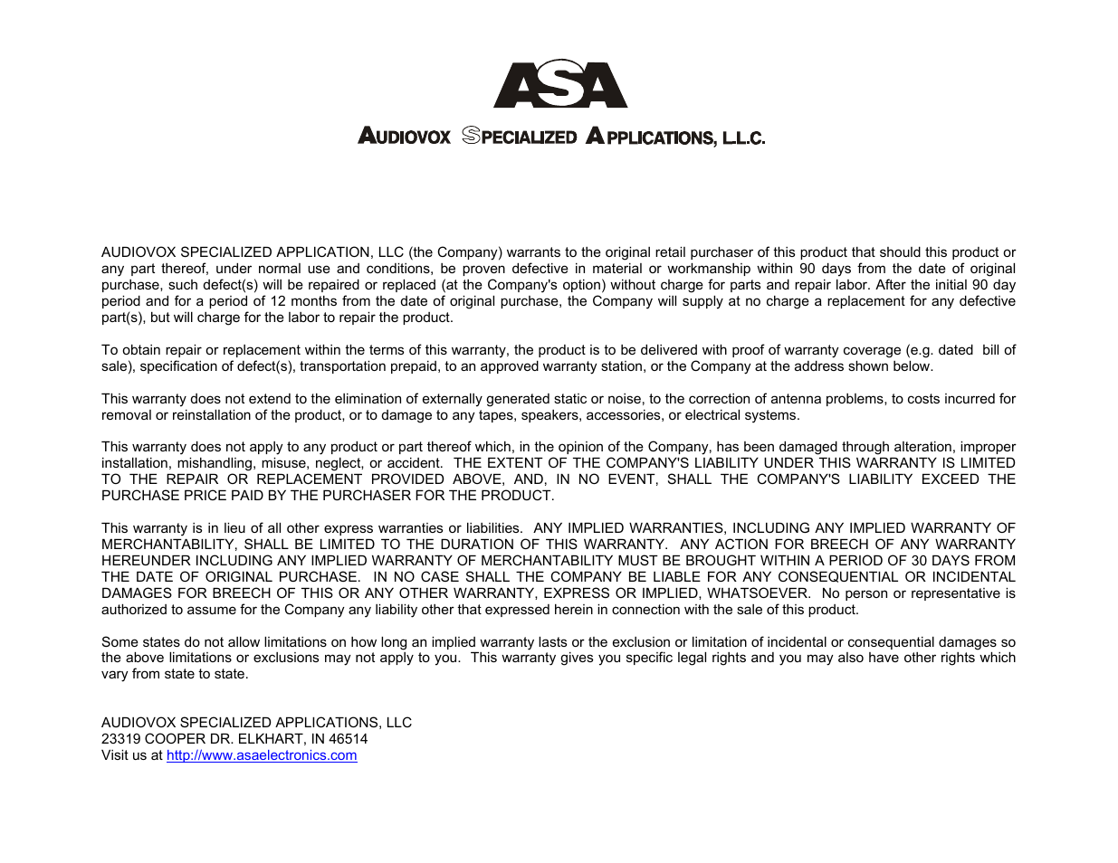 90 day/ 12 month limited warranty | ASA Electronics 856 User Manual | Page 16 / 17