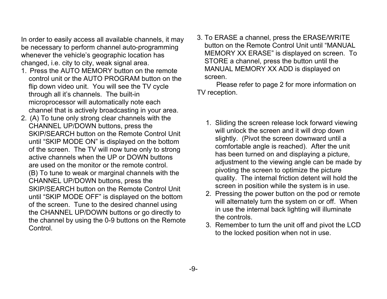 Channel tuning setup, Turning the lcm0802tv on or off | ASA Electronics 856 User Manual | Page 9 / 17