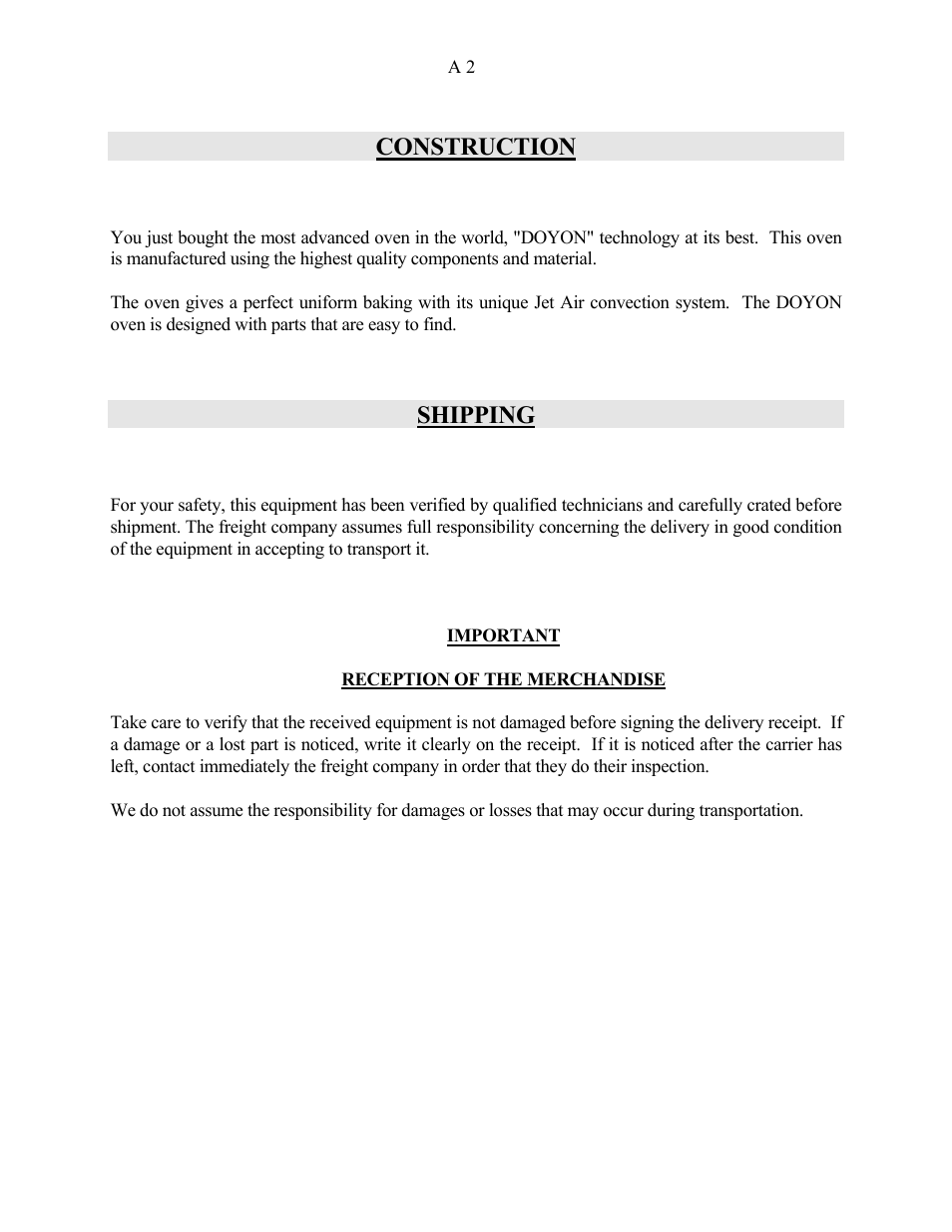 Construction, Shipping | Doyon JAOP3 User Manual | Page 4 / 67