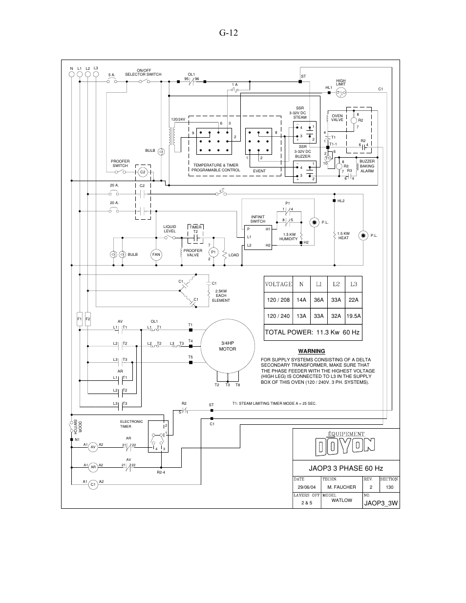 G-12, Jaop3 3 phase 60 hz, Jaop3_3w | Warning | Doyon JAOP3 User Manual | Page 66 / 67