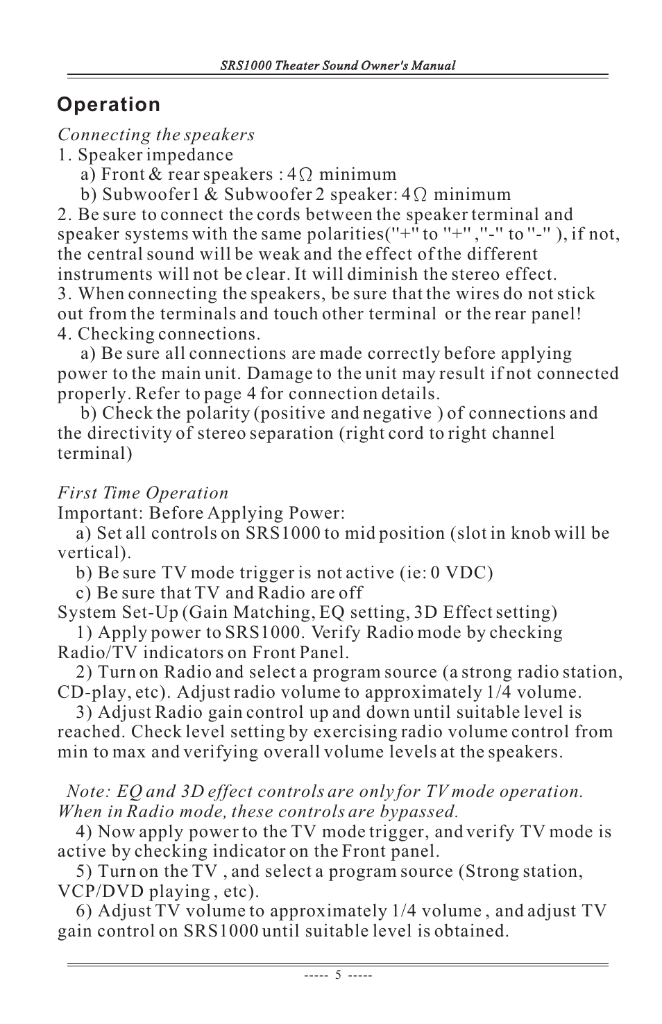 Operation | ASA Electronics SRS1000 User Manual | Page 10 / 12