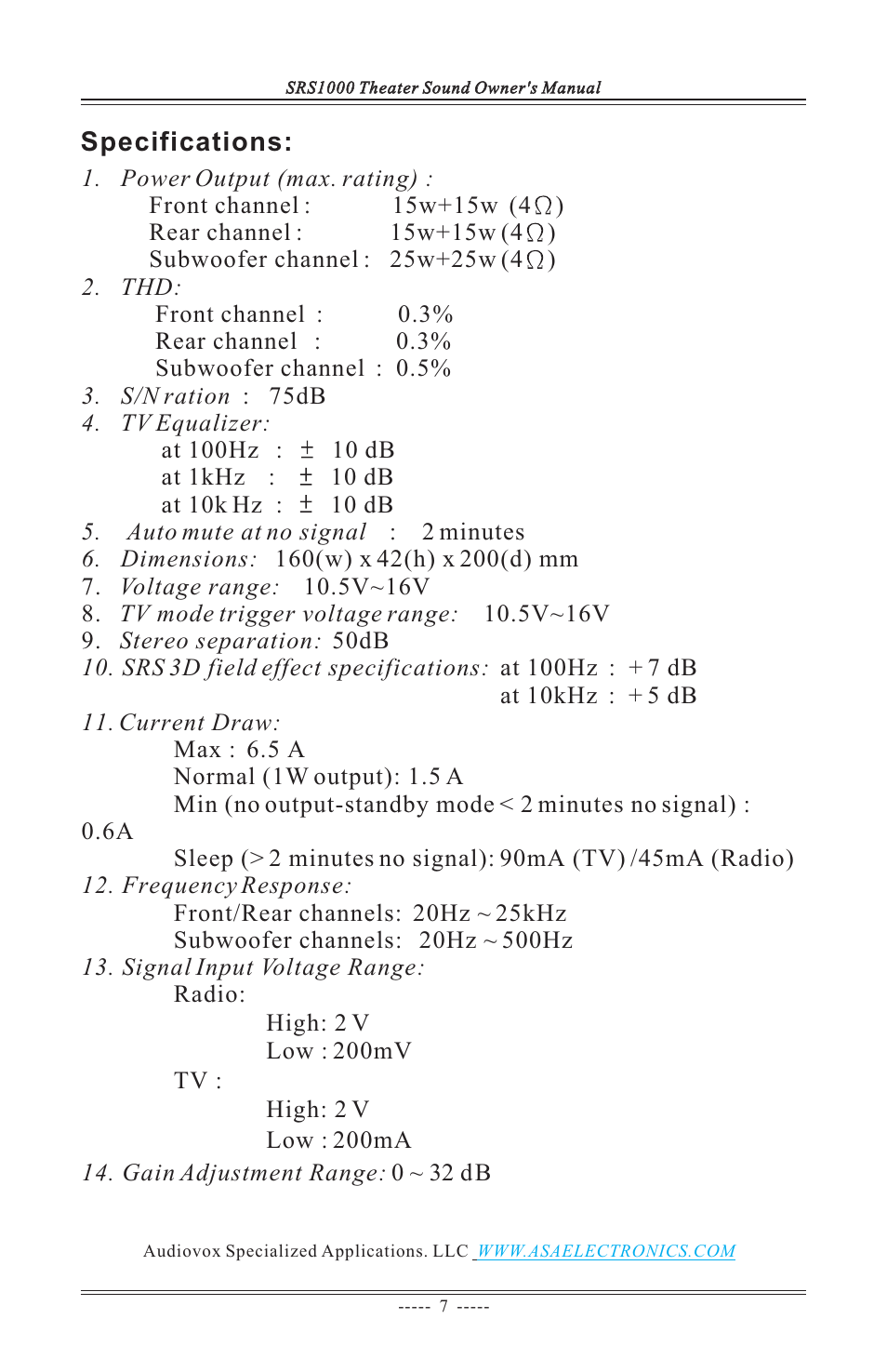 Specifications | ASA Electronics SRS1000 User Manual | Page 12 / 12