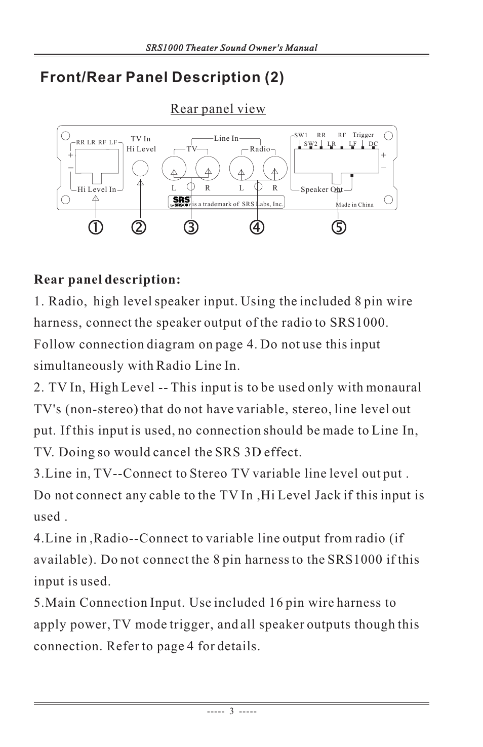 Front/rear panel description (2) | ASA Electronics SRS1000 User Manual | Page 8 / 12