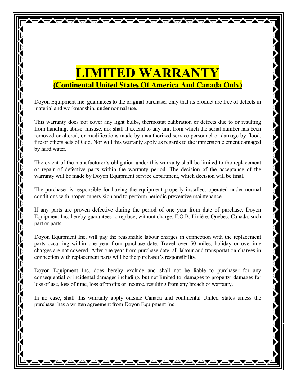 Limited warranty | Doyon PIZ3 User Manual | Page 44 / 44