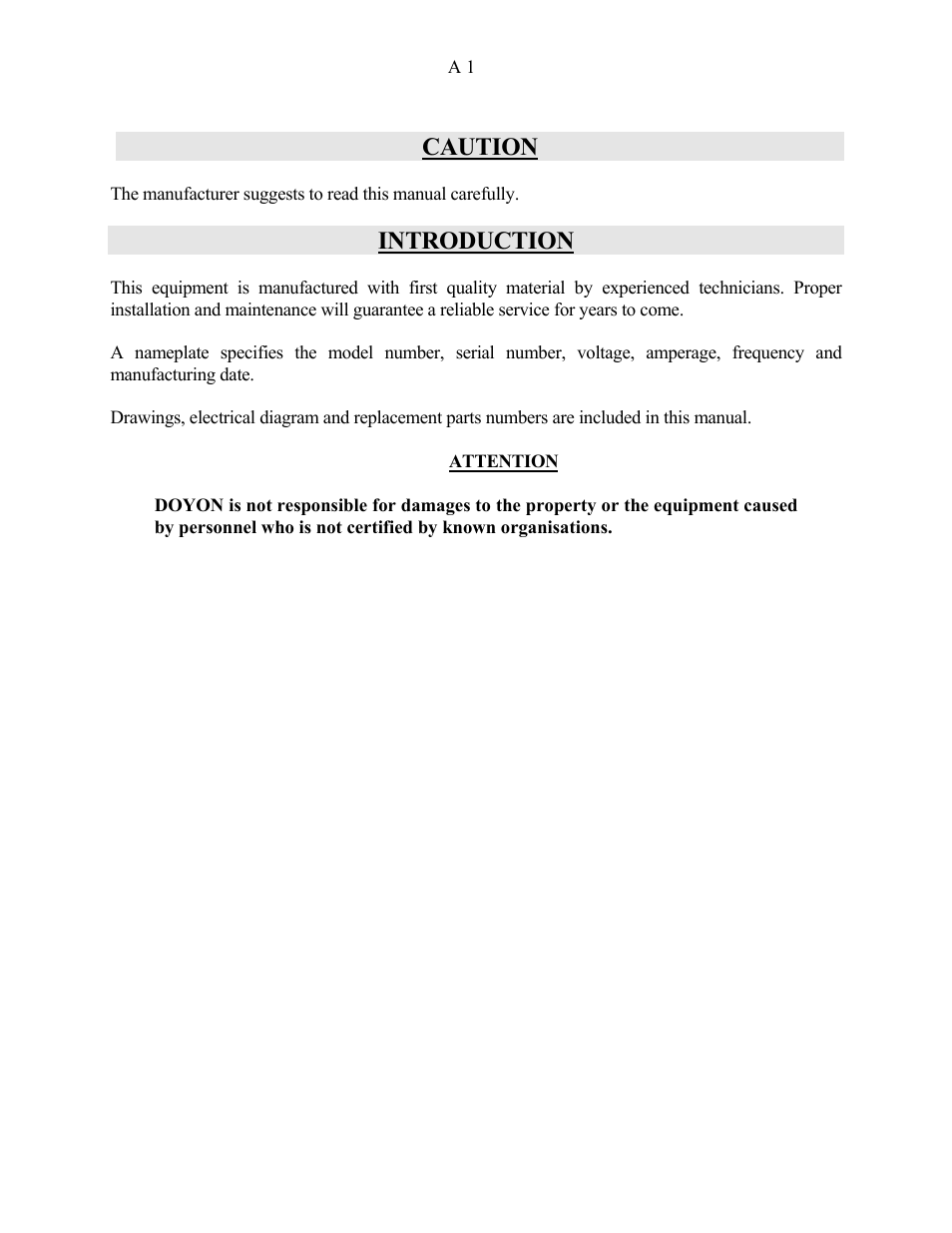 Caution, Introduction | Doyon D20 User Manual | Page 2 / 16