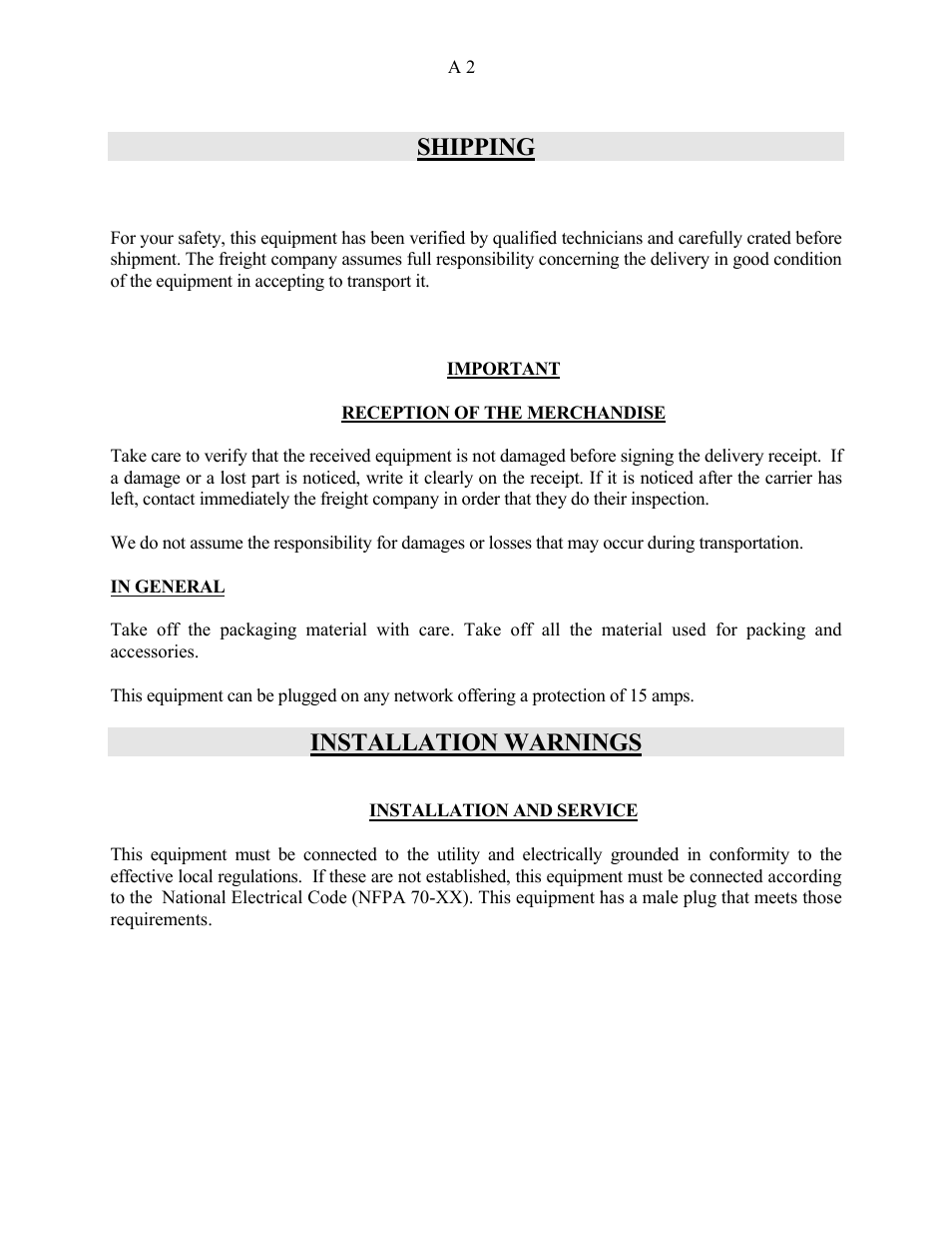 Shipping, Installation warnings | Doyon D20 User Manual | Page 3 / 16