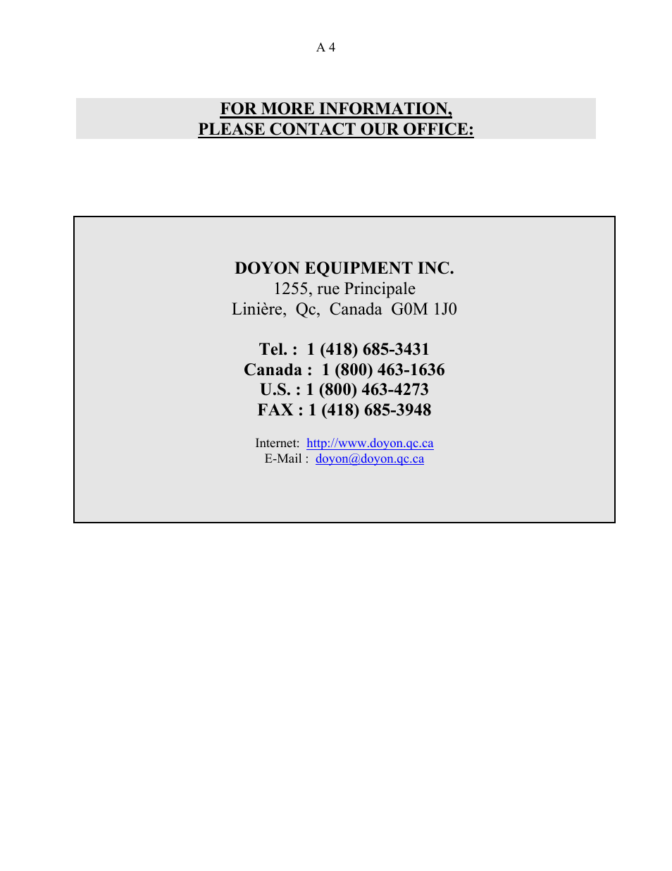 For more information, Please contact our office | Doyon D20 User Manual | Page 5 / 16