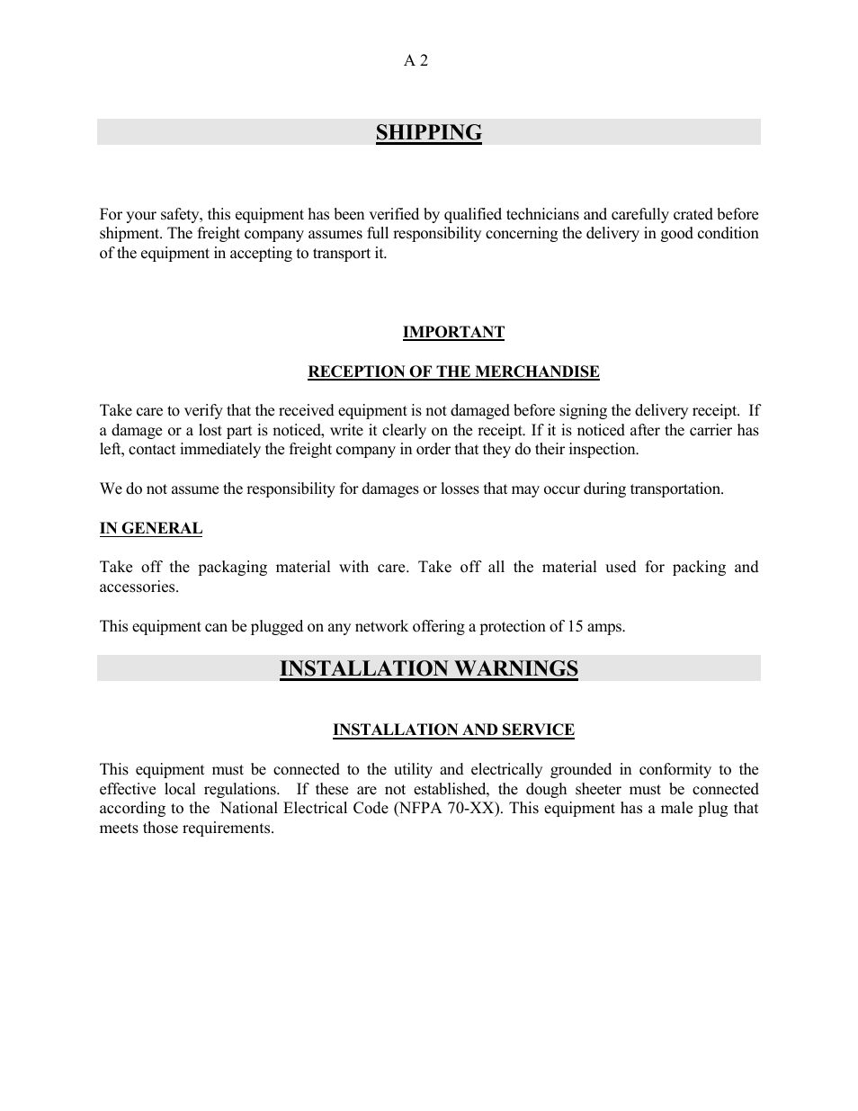 Shipping, Installation warnings | Doyon SM-380 User Manual | Page 3 / 25