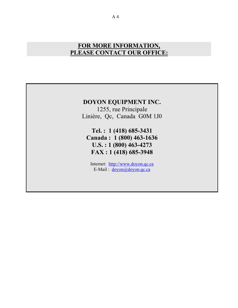 For more information, Please contact our office | Doyon SM-380 User Manual | Page 5 / 25
