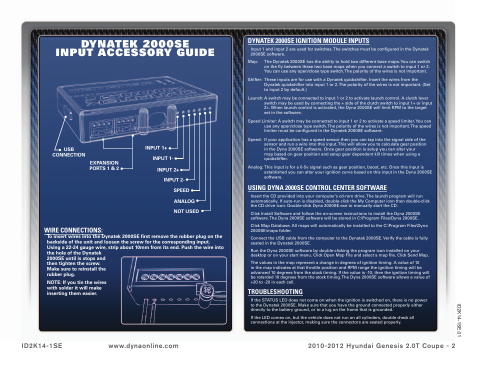 Dynatek 2000se input accessory guide, Wire connections, Dynatek 2000se ignition module inputs | Using dyna 2000se control center software, Troubleshooting | Dynatek D2K14-1SE User Manual | Page 2 / 6