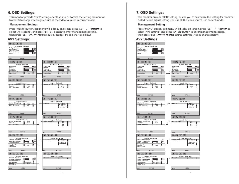 Av1 settings: 6. osd settings, Av2 settings: 7. osd settings, Pc settings: 6. osd settings | Osd settings | ASA Electronics JE1510 User Manual | Page 10 / 13