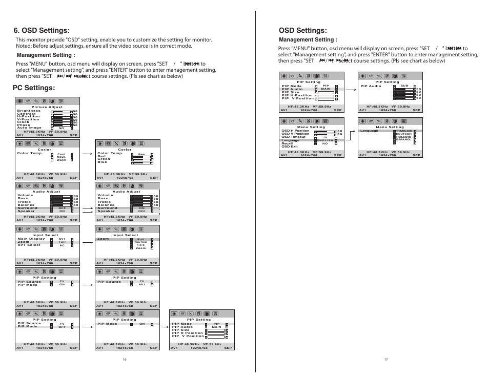 Pc settings: 6. osd settings, Osd settings | ASA Electronics JE1510 User Manual | Page 11 / 13