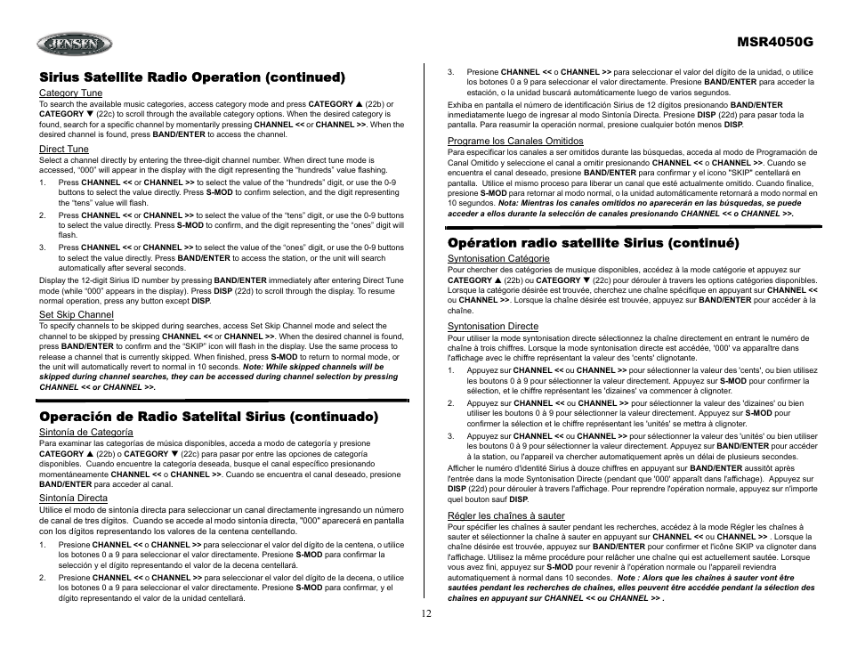 Sirius satellite radio operation (continued), Operación de radio satelital sirius (continuado), Opération radio satellite sirius (continué) | Msr4050g | ASA Electronics MSR4050G User Manual | Page 12 / 18