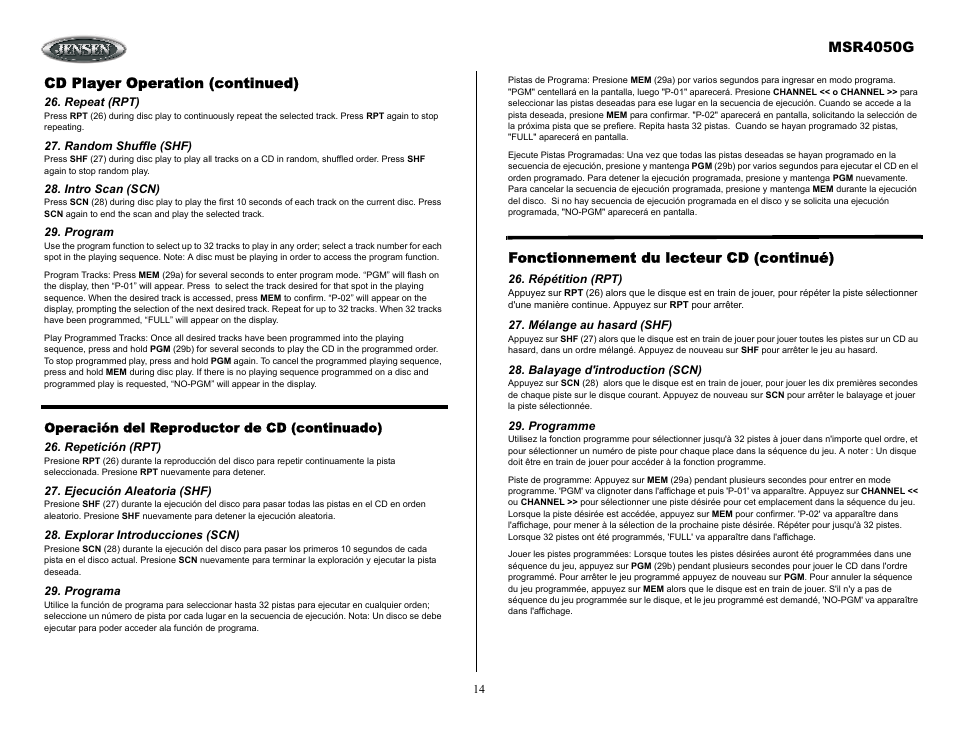 Cd player operation (continued), Repeat (rpt), Random shuffle (shf) | Intro scan (scn), Program, Operación del reproductor de cd (continuado), Repetición (rpt), Ejecución aleatoria (shf), Explorar introducciones (scn), Programa | ASA Electronics MSR4050G User Manual | Page 14 / 18