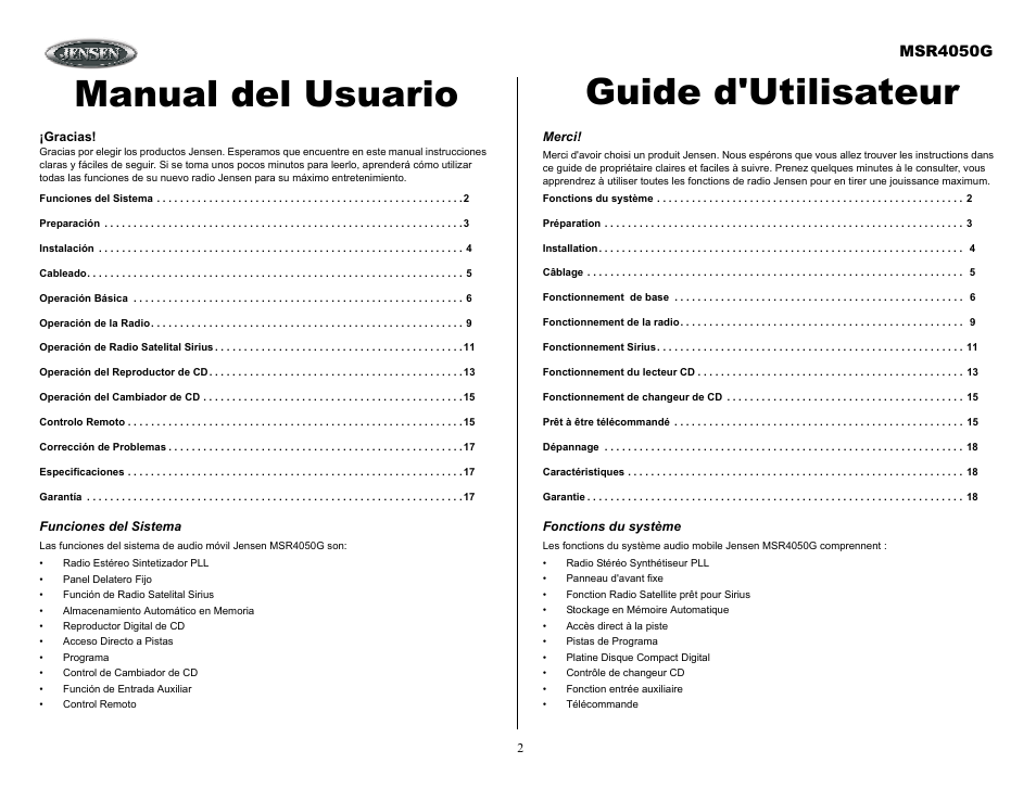 Funciones del sistema, Merci, Fonctions du système | Manual del usuario guide d'utilisateur, Msr4050g | ASA Electronics MSR4050G User Manual | Page 2 / 18