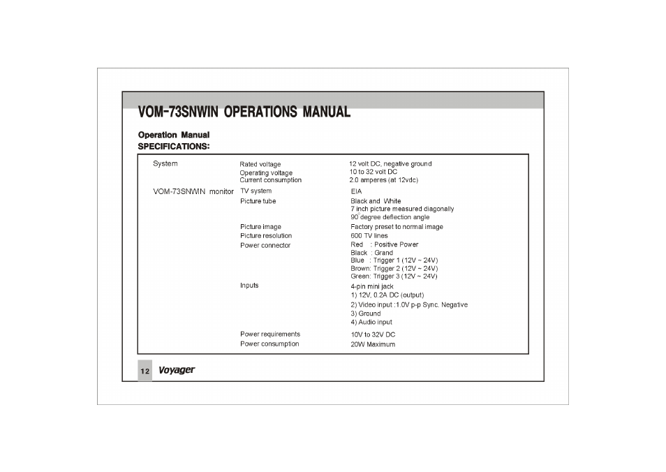 Operation manual specifications, Vom-73snwin operations manual | ASA Electronics VOM-73SNWIN User Manual | Page 13 / 16