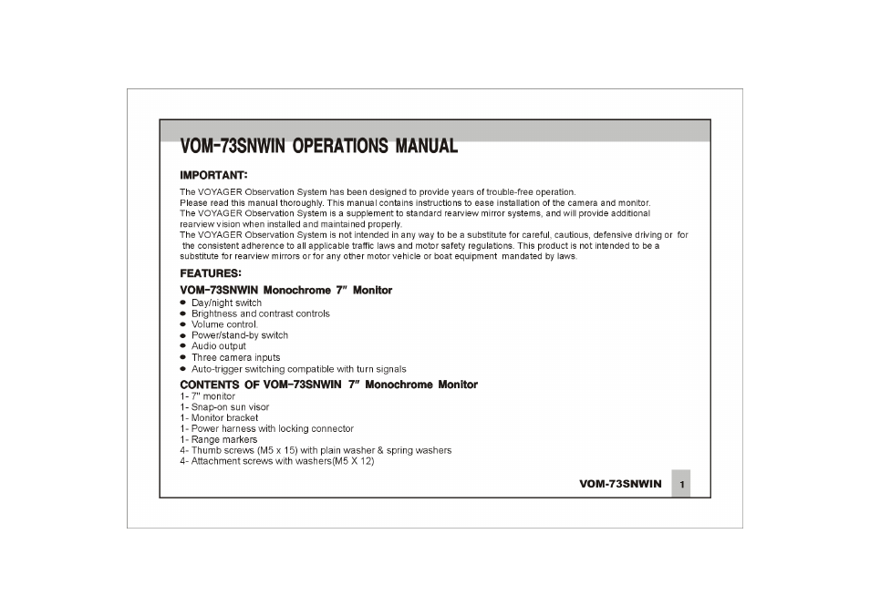 Important, Features, Vom-73snwin monochrome t monitor | Contents of vom-73snwin 7" monochrome monitor, Vom-73snwin operations manual | ASA Electronics VOM-73SNWIN User Manual | Page 2 / 16