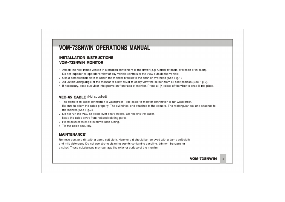 Installation instructions vom-73snwin monitor, Maintenance, Vom-73snwin operations manual | ASA Electronics VOM-73SNWIN User Manual | Page 4 / 16