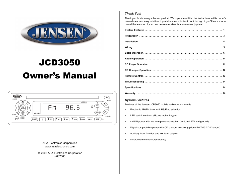 ASA Electronics JCD3050 User Manual | 16 pages