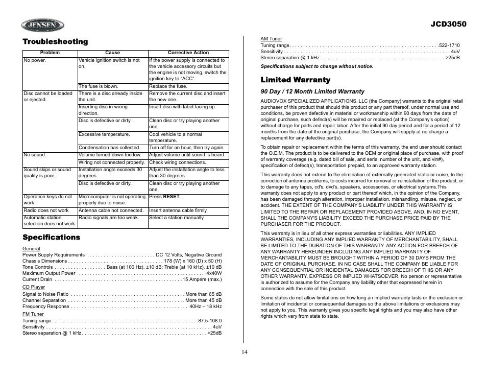 90 day / 12 month limited warranty, Troubleshooting, Jcd3050 | Troubleshooting specifications, Limited warranty | ASA Electronics JCD3050 User Manual | Page 14 / 16