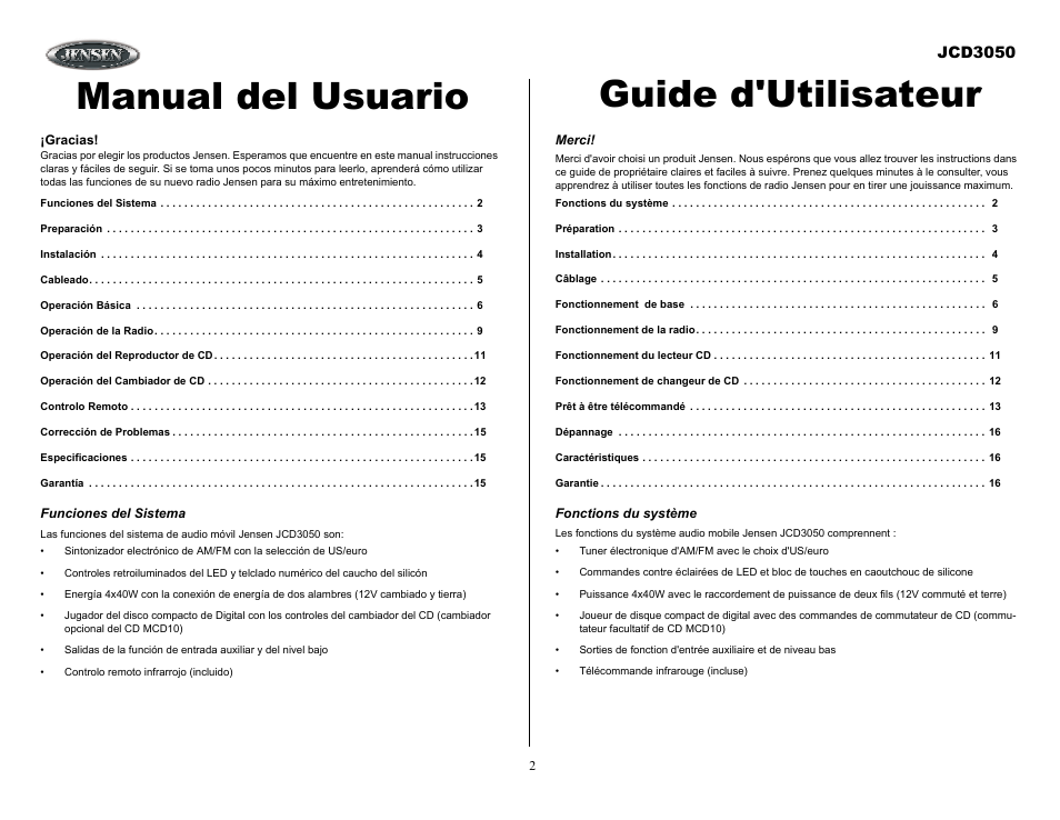 Funciones del sistema, Merci, Fonctions du système | Manual del usuario guide d'utilisateur, Jcd3050 | ASA Electronics JCD3050 User Manual | Page 2 / 16