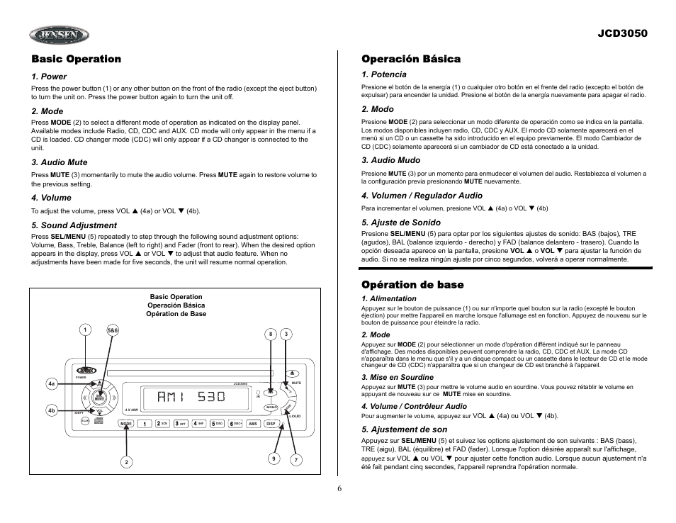 Basic operation, Power, Mode | Audio mute, Volume, Sound adjustment, Operación básica, Potencia, Modo, Audio mudo | ASA Electronics JCD3050 User Manual | Page 6 / 16