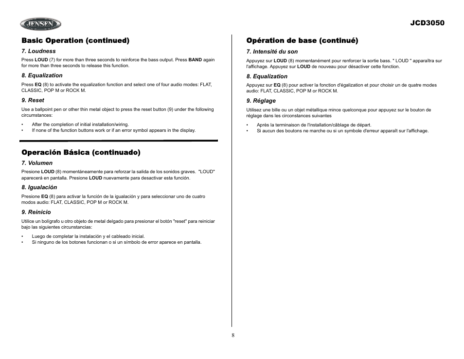 Basic operation (continued), Loudness, Equalization | Reset, Operación básica (continuado), Volumen, Igualación, Reinicio, Intensité du son, Réglage | ASA Electronics JCD3050 User Manual | Page 8 / 16