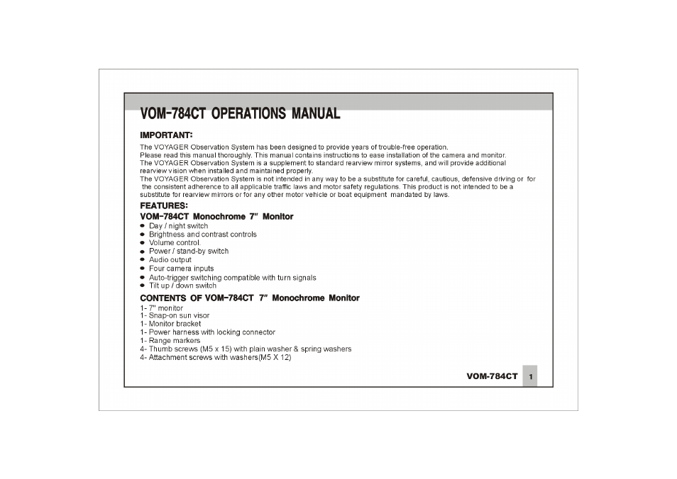 Vom-784ct operations manual | ASA Electronics Voyager VOM-784CT User Manual | Page 2 / 16