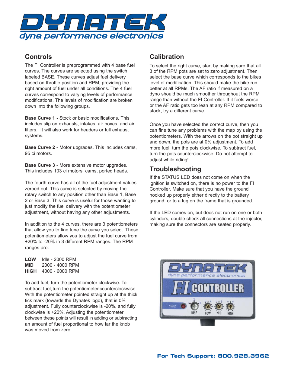 Controls, Calibration, Troubleshooting | Dynatek 1999-2001 Harley-Davidson Twin Cam 88 Touring Models User Manual | Page 4 / 4