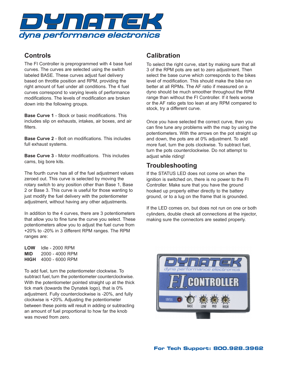 Controls, Calibration, Troubleshooting | Dynatek 2001-2005 Harley-Davidson Softail User Manual | Page 4 / 4