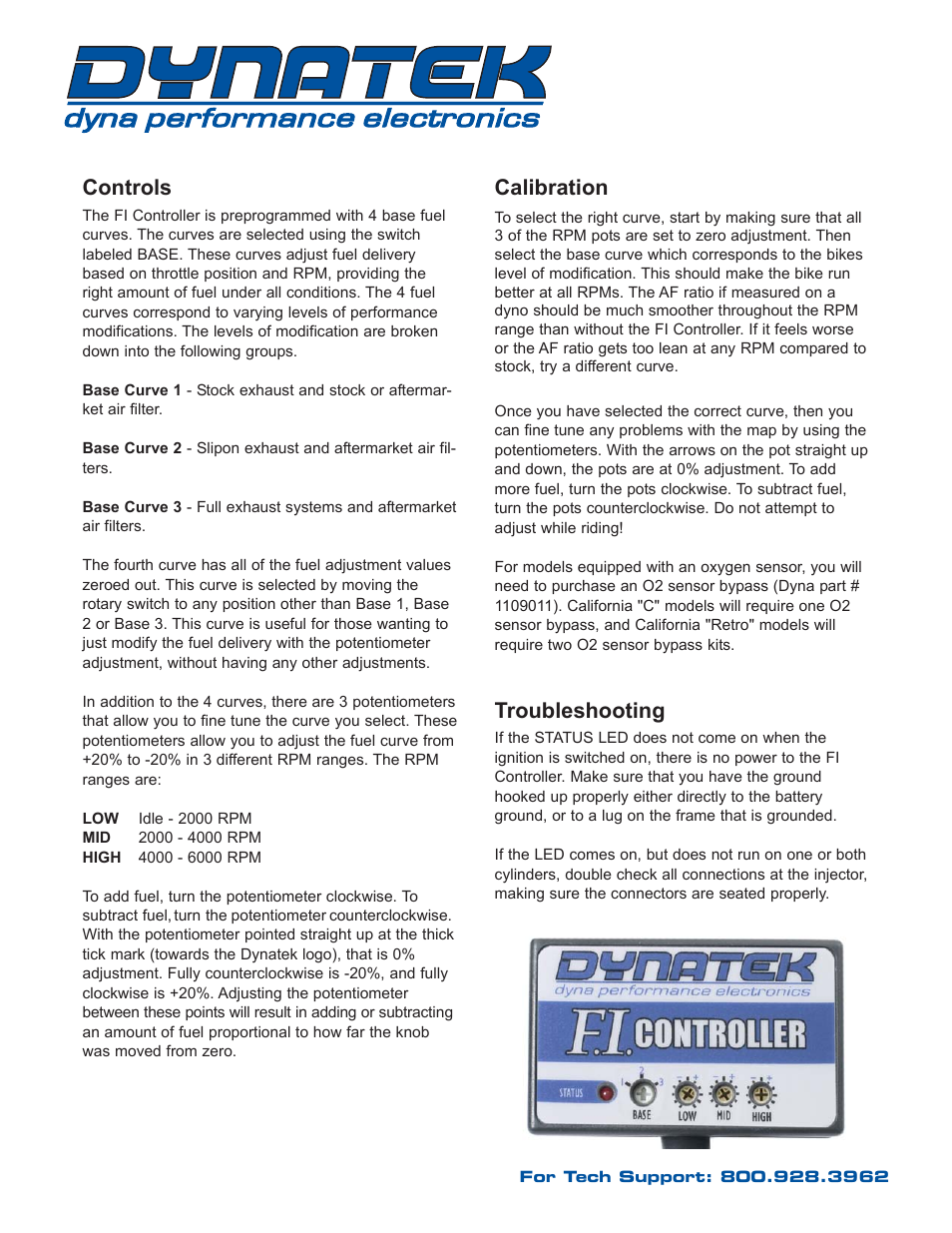 Controls, Calibration, Troubleshooting | Dynatek 2002-2005 Honda VTX1800 User Manual | Page 5 / 5