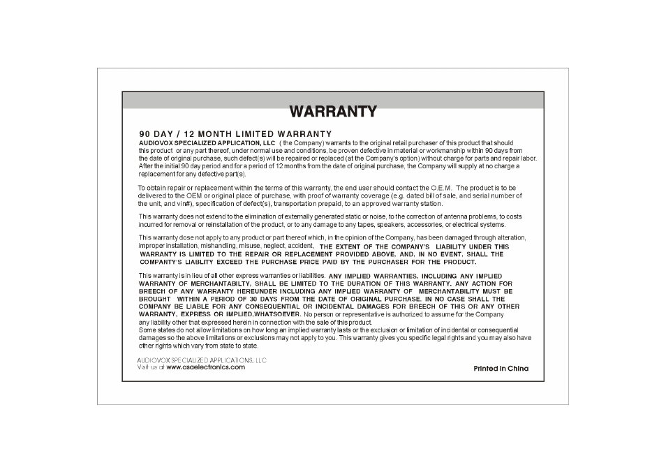 90 day / 12 month limited warranty, Printed in china, Warranty | ASA Electronics VOYAGER VOM-783T User Manual | Page 16 / 16