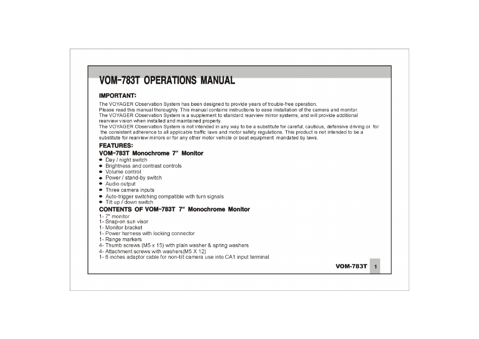 Vom-783t operations manual | ASA Electronics VOYAGER VOM-783T User Manual | Page 2 / 16