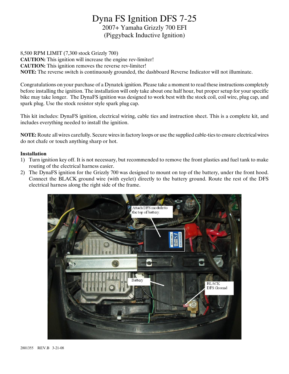 Dynatek Dyna FS Ignition for 2007-2009 Yamaha Grizzly 700FI User Manual | 4 pages