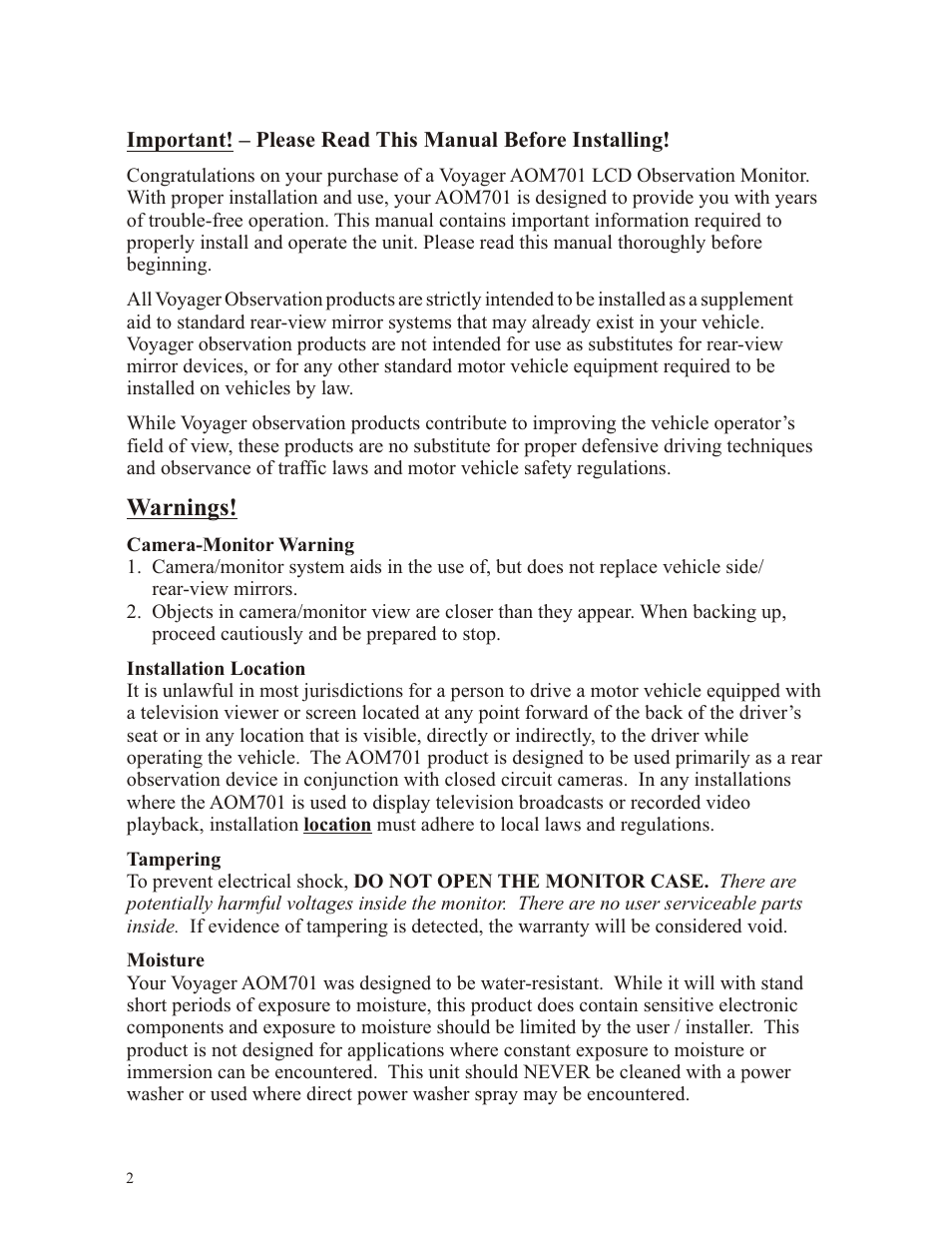 Warnings | ASA Electronics Voyager AOM701 User Manual | Page 2 / 12