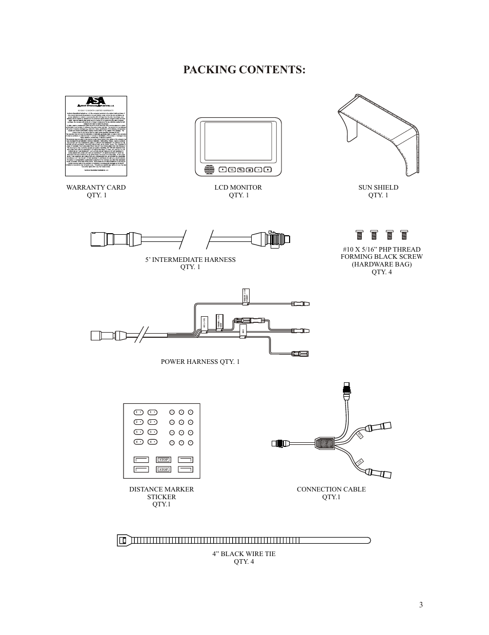 Packing contents, 4” black wire tie qty. 4, Power harness qty. 1 | ASA Electronics Voyager AOM701 User Manual | Page 3 / 12