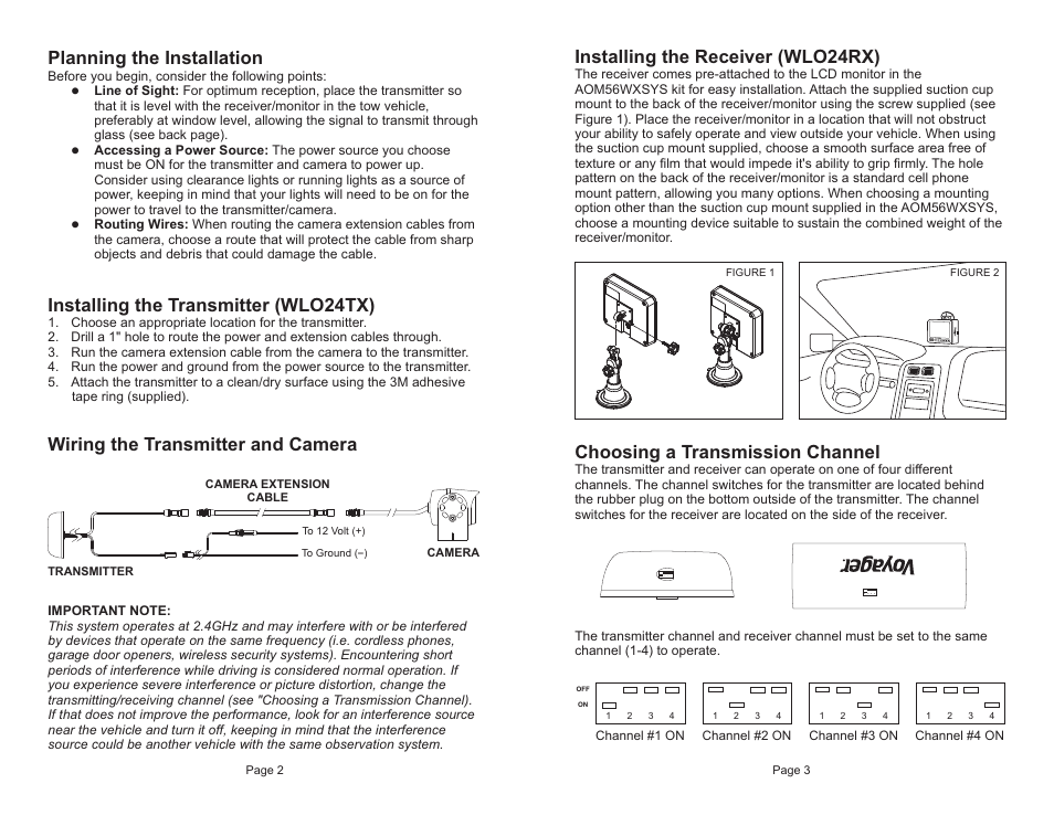 Installing the receiver (wlo24rx), Choosing a transmission channel, Planning the installation | Installing the transmitter (wlo24tx), Wiring the transmitter and camera | ASA Electronics AOM56WXSYS User Manual | Page 2 / 2