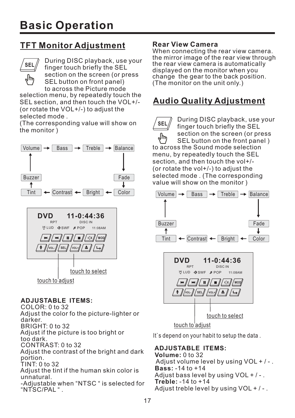 Basic operation, Tft monitor adjustment, Audio quality adjustment | Rear view camera | EXONIC EXD 4500T User Manual | Page 17 / 36