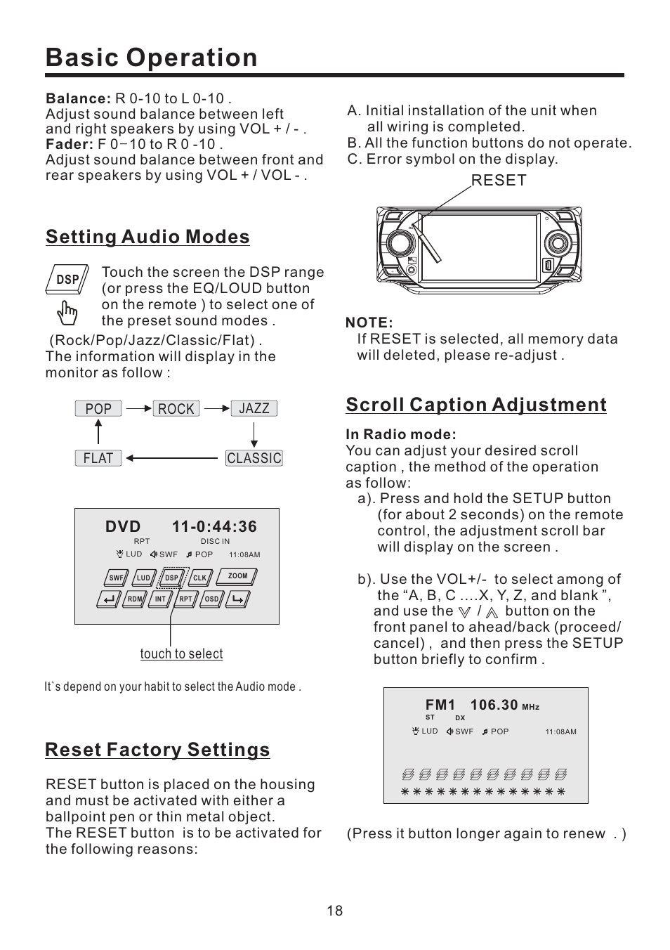 Basic operation, Reset factory settings, Scroll caption adjustment | Setting audio modes, Reset | EXONIC EXD 4500T User Manual | Page 18 / 36