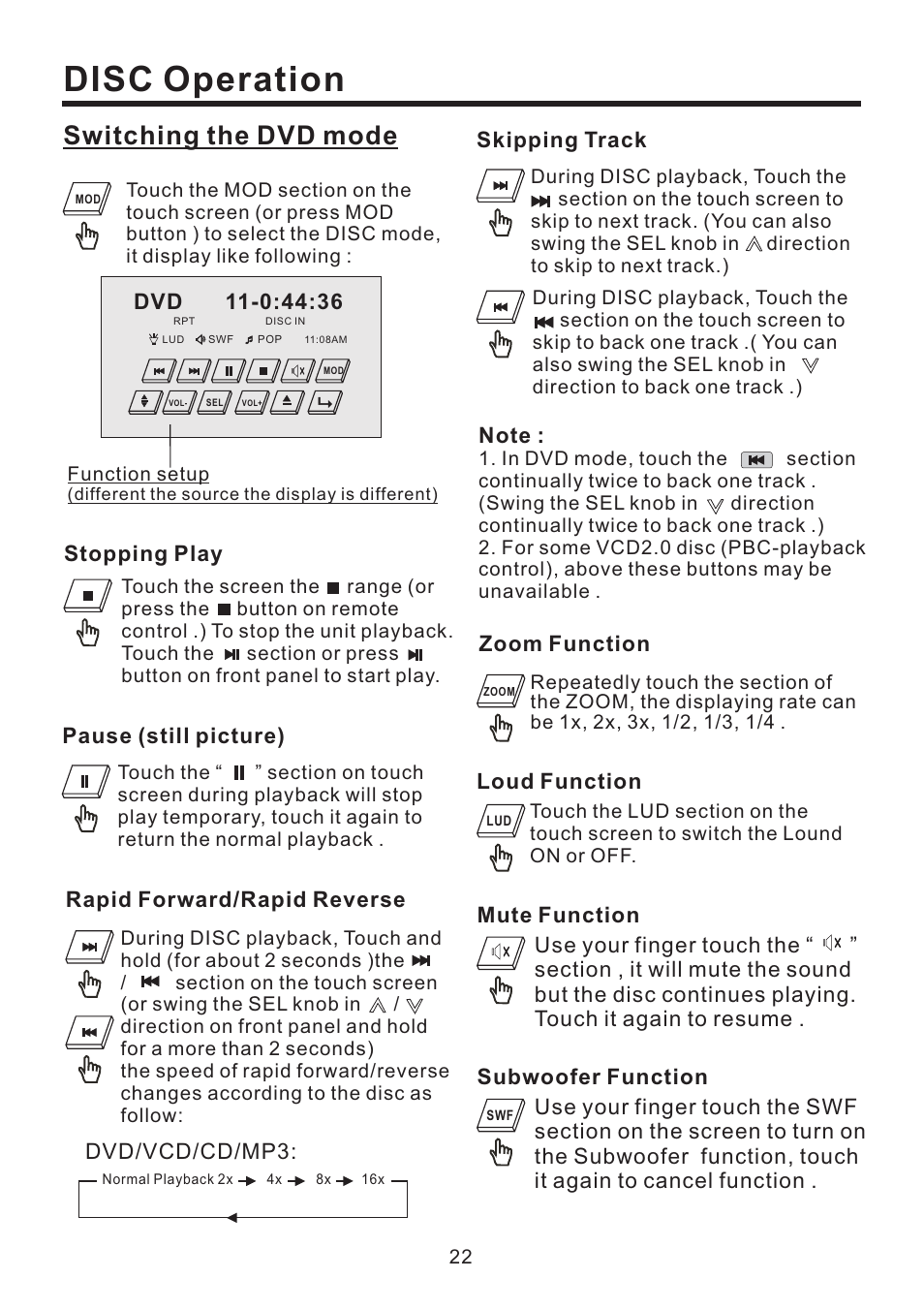 Disc operation, Switching the dvd mode | EXONIC EXD 4500T User Manual | Page 22 / 36