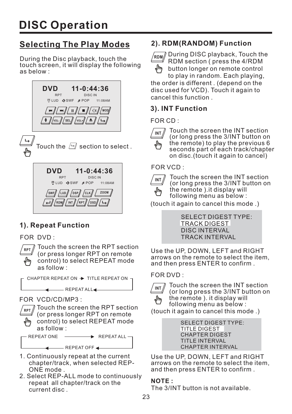 Disc operation, Selecting the play modes, 1). repeat function | 3). int function, 2). rdm(random) function, Touch it again to cancel this mode .) | EXONIC EXD 4500T User Manual | Page 23 / 36