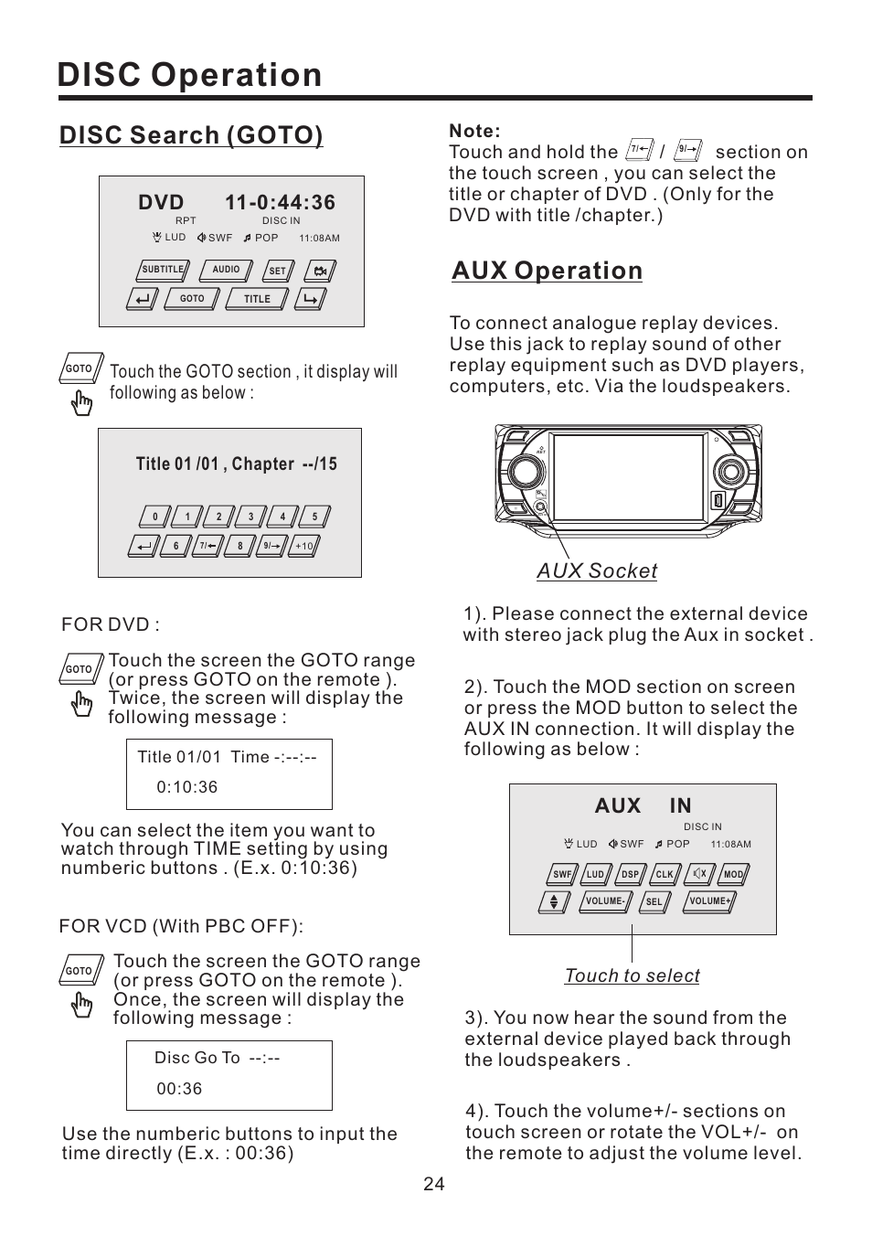 Disc operation, Disc search (goto), Aux operation | Aux in, Aux socket | EXONIC EXD 4500T User Manual | Page 24 / 36