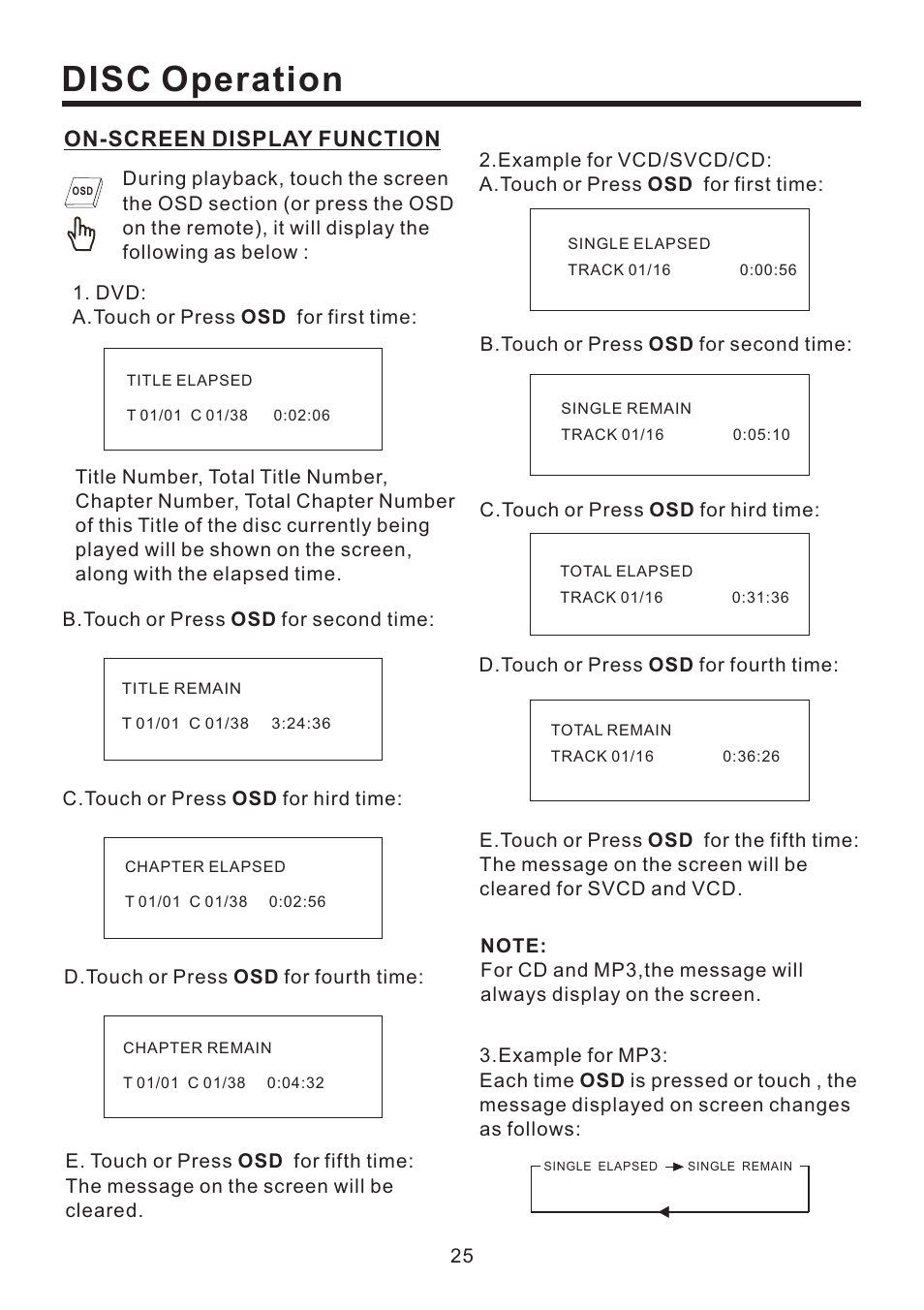 Disc operation, On-screen display function | EXONIC EXD 4500T User Manual | Page 25 / 36